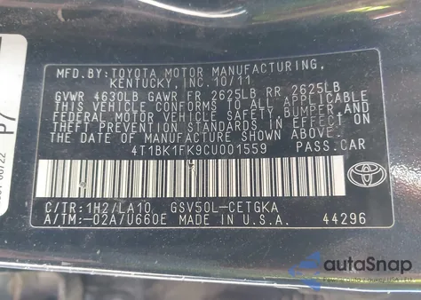 2012 Toyota Camry Xle V6 из США, поврежденный, VIN 4T1BK1FK9CU001559